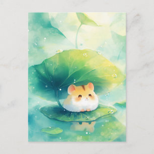 Carte Postale Hamster sous un parapluie de feuille verte sur l'é
