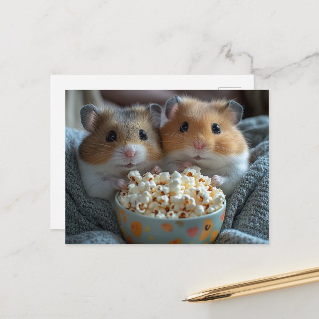 Carte Postale Hamsters Adorables Avec Du Popcorn (Devant/Arrière en situation)