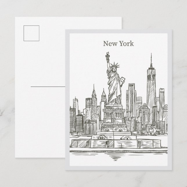 Carte Postale Hand drawn Liberty Statue New York Landmark (Devant / Derrière)