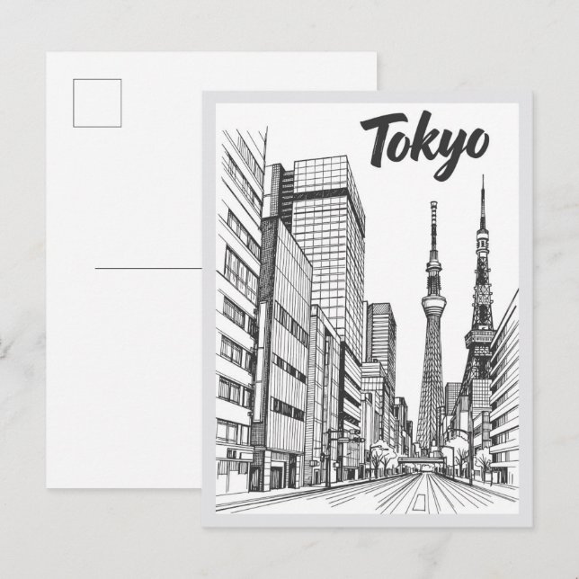 Carte Postale Hand drawn Tokyo Street Scene Landmark (Devant / Derrière)