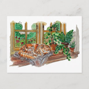 Carte Postale Hand Painted Cosy Window Cat Watercolor Art