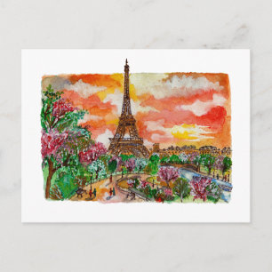 Carte Postale Hand Painted Eiffel Tower Paris Watercolor Art