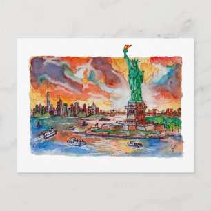 Carte Postale Hand Painted New York Liberty Statue Watercolor
