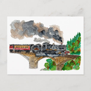 Carte Postale Hand Painted Steam Train Locomotive Watercolor