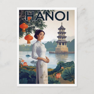 Carte Postale Hanoï vintage Vietnam Ao Dai Lac