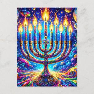 Carte Postale Hanoukka menorah aglow en couleurs psychédéliques