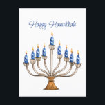 Carte Postale Hanoukka Menorah avec des bougies bleues, blanches<br><div class="desc">Ménorah aquarelle avec bougies bleues et blanches. Heureux accueil Hanoukka peut être changé. L'IA a aidé graphisme acheté à des fins commerciales. Oeuvre : CosmicMeta</div>