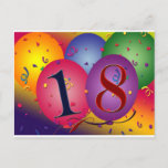 Carte Postale Happy 18th Birthday!<br><div class="desc">Big colorful balloons with confetti and rainbow colored background with 18 in the balloons.  Perfect design for your 18th birthday party favors / mailings.</div>