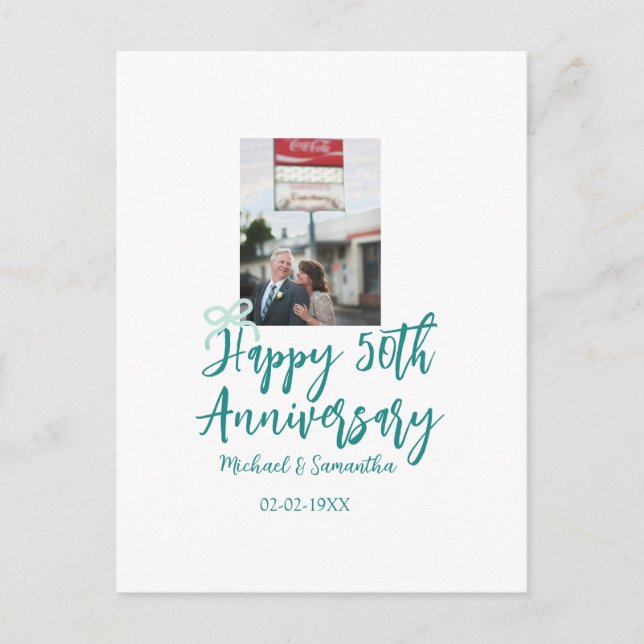 Carte Postale Happy 50th anniversary photo turquoise bow name da (Devant)
