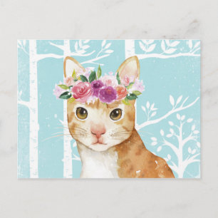 Carte Postale Happy Animal avec Fleurs en Blue Forest-Cat Kitty