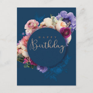 Carte Postale Happy birthday fleurs bleu
