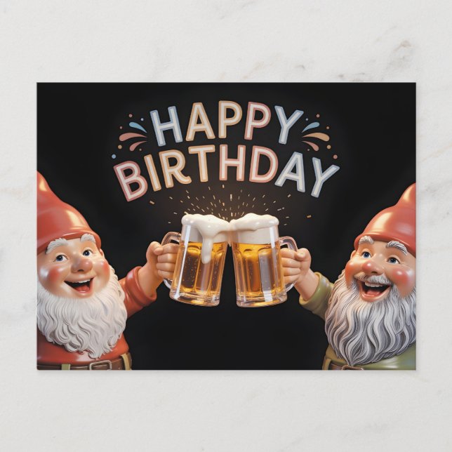 Carte Postale "Happy Birthday" Gnomes Toasting Beer Mugs (Devant)