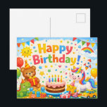 Carte Postale Happy Birthday Kids Colorful Postcard<br><div class="desc">A fun and colorful birthday postcard for kids featuring festive characters,  balloons,  and party decorations. A joyful way to send birthday wishes to a child.</div>
