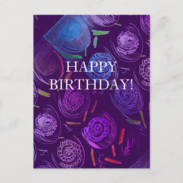 CARTE POSTALE HAPPY BIRTHDAY PURPLE FLOWERS (Devant)