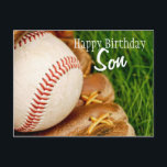 Carte Postale Happy Birthday Son Baseball with Mitt<br><div class="desc">Un baseball et un mitt dans la haute herbe d'été - totalement personnalisable pour vous de personnaliser comme vous voulez!</div>