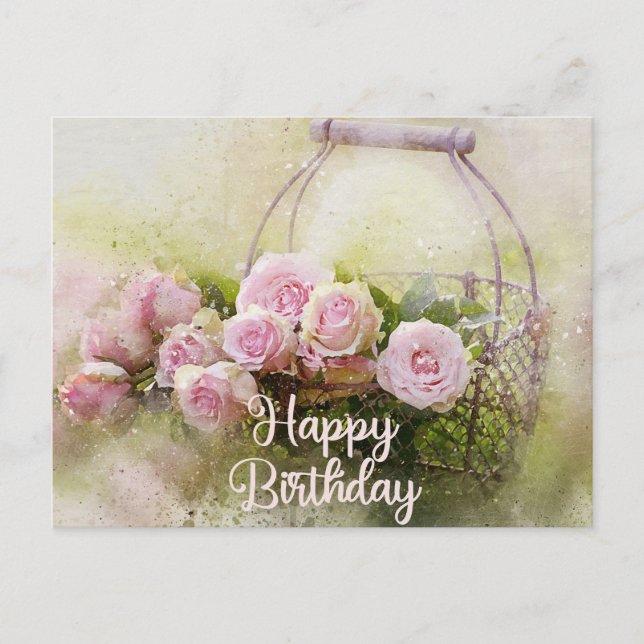 Carte Postale Happy Birthday Watercolor Pink Roses in a Basket (Devant)