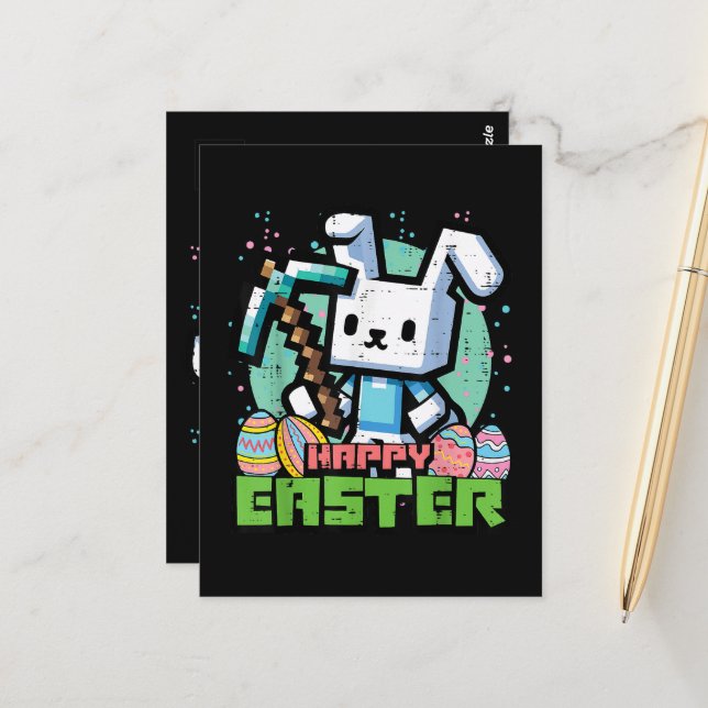 Carte Postale Happy Easter Bunny Pixel Game  (Devant/Arrière en situation)