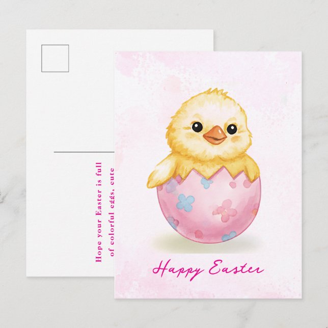 Carte Postale Happy Easter Cute Baby Chick Watercolor Greeting  (Devant / Derrière)