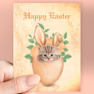 Carte Postale Happy Easter cute Vintage bunny kitty & eggs 