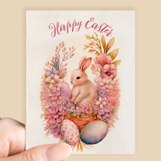 Carte Postale Happy Easter watercolor flower bunny eggs greeting
