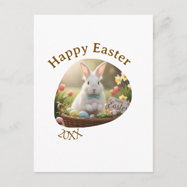 Carte Postale Happy Easter white bunny year photo family name  (Devant)