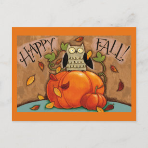 Carte Postale Happy Fall Owl et Citrouille