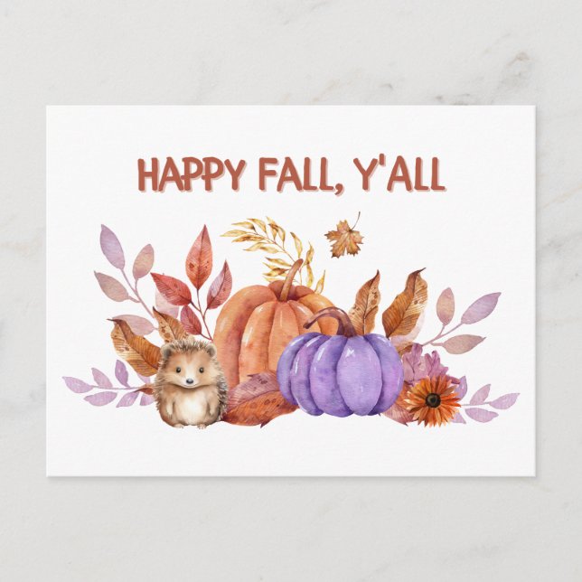 Carte Postale Happy Fall Watercolor Citrouilles et hérisson (Devant)