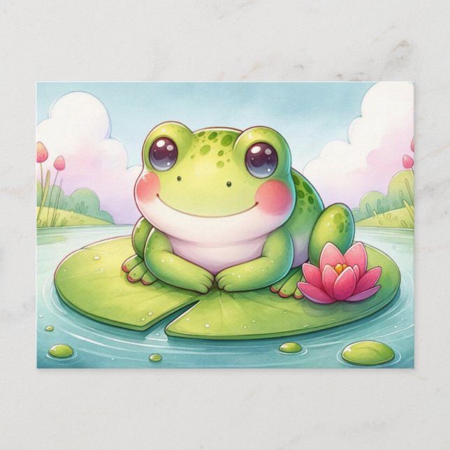 Carte Postale Happy Frog sur Lily Pad - Aquarelle numérique mign (Devant)