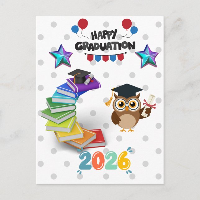 Carte Postale Happy Graduation 2026 - Cute Owl & Books  (Devant)