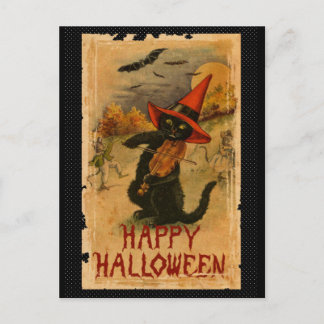Carte Postale Happy Halloween Black Cat Playing Fiddle Bats