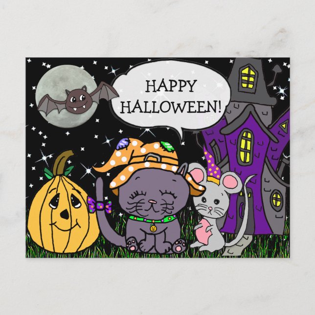Carte Postale Happy Halloween Chat noir et souris mignonne (Devant)