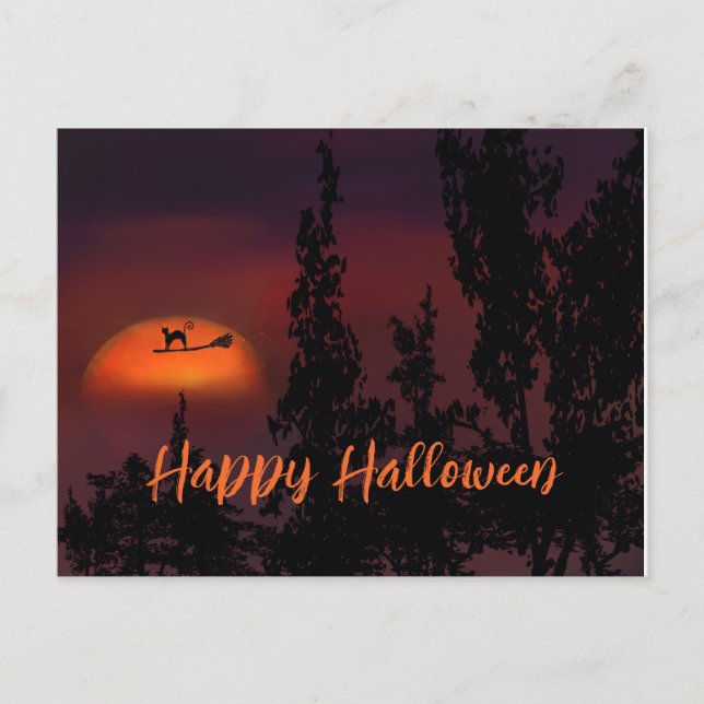 Carte Postale Happy Halloween Chat sur sorcière balai (Devant)