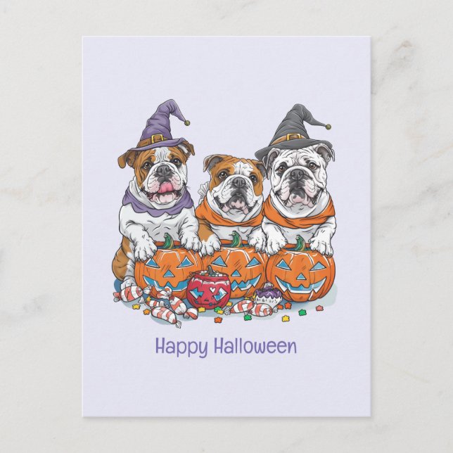 Carte Postale Happy Halloween Citrouille anglais Bulldogs (Devant)