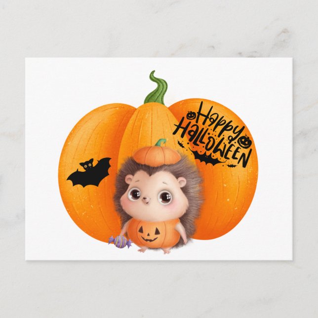 Carte Postale Happy Halloween Cute Baby Hedgehog et Citrouille (Devant)