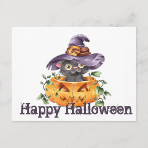 Carte Postale Happy Halloween Cute Black Chat, Citrouille et Cas