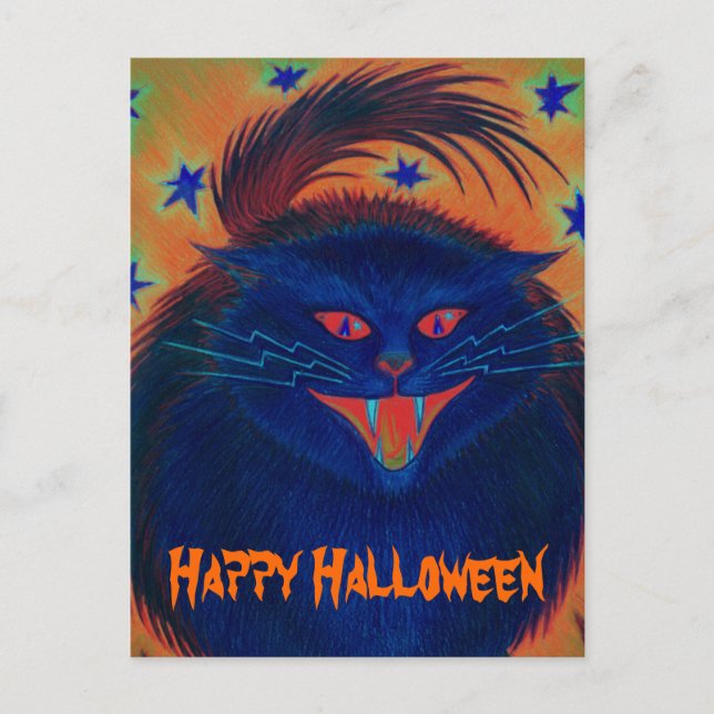 Carte postale "Happy Halloween" en bleu de chat ef (Devant)