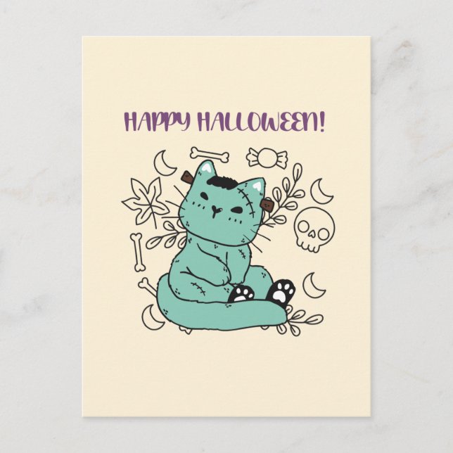Carte Postale Happy Halloween Frankenstein Chat (Devant)