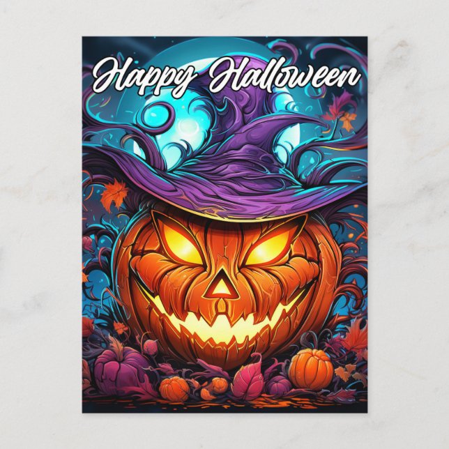 Carte Postale Happy Halloween Illustration Citrouille fâcheuse (Devant)