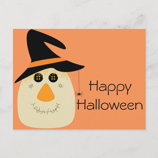Carte Postale Happy Halloween mignonette Scarecrow et Spider (Devant)