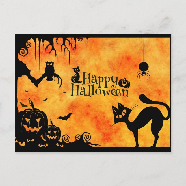 Carte Postale Happy Halloween Silhouette Chat noir et amis (Devant)