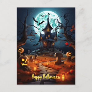 Carte Postale Happy Halloween Skeleton Skull Haunted House