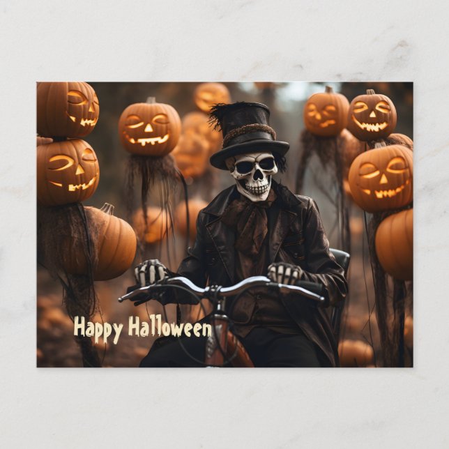 Carte Postale Happy Halloween squelette vintage, vélo moderne (Devant)