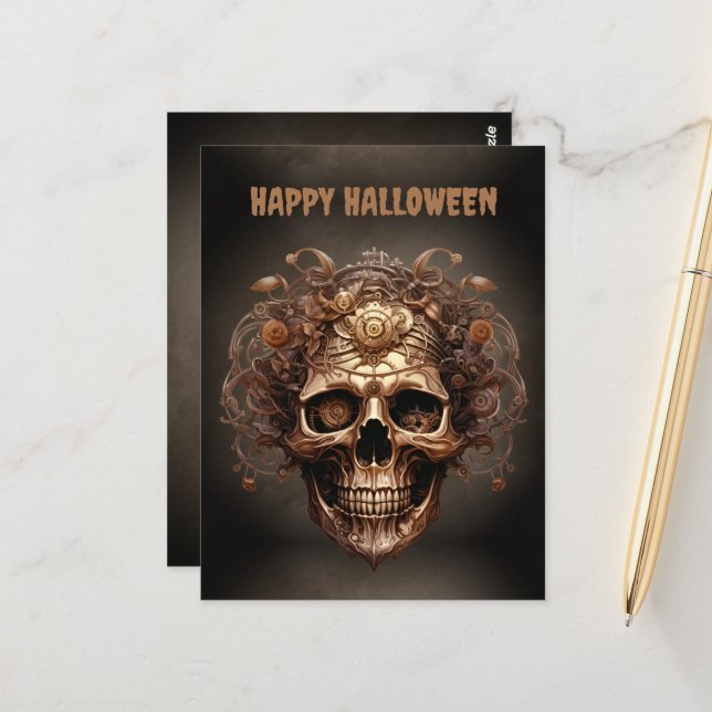 Carte Postale Happy Halloween Steampunk Skull Skeleton (Devant/Arrière en situation)