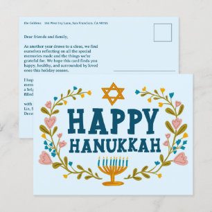 Carte Postale HAPPY HANOUKKA Floral Wreath Menorah Texte personn