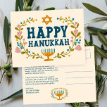 Carte Postale HAPPY HANOUKKA Floral Wreath Menorah Texte personn<br><div class="desc">Texte dessiné à la main et flûtes par moi pour vous. Cliquez sur "personnaliser" pour modifier et ajouter votre propre texte et retourner l'adresse au verso de la carte postale ou modifier les couleurs arrière - plans. Tout est personnalisable. Pour plus de designs et de couleurs, consultez ma boutique !...</div>