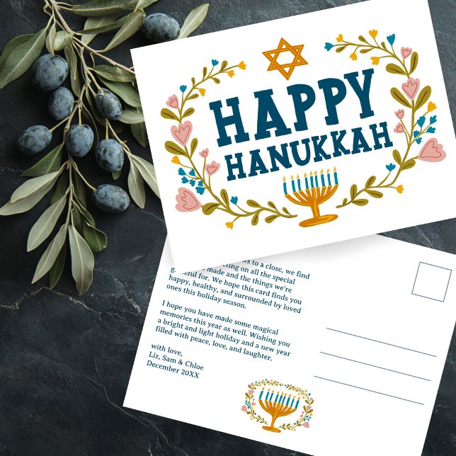 Carte Postale HAPPY HANOUKKA Floral Wreath Menorah Texte personn (HAPPY HANUKKAH Floral Wreath Menorah Custom text Non-photo  Postcard
)