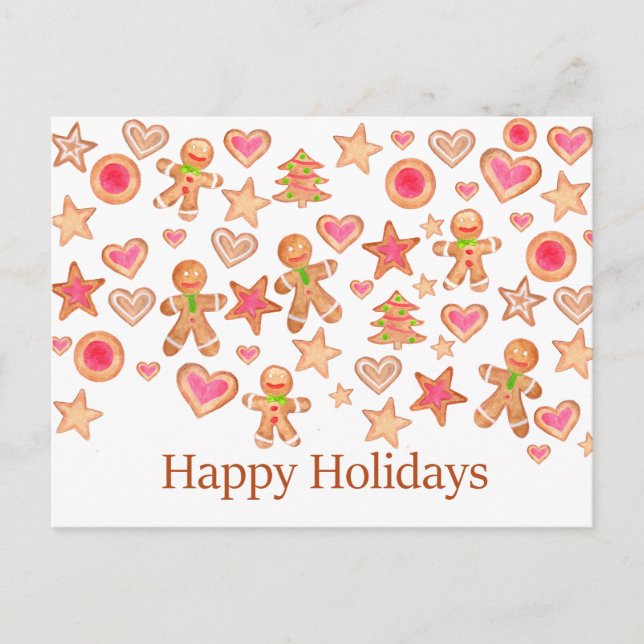 Carte Postale Happy Holidays watercolor gingerbread cookies (Devant)