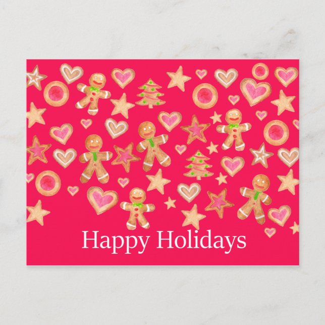 Carte Postale Happy Holidays watercolor gingerbread cookies (Devant)