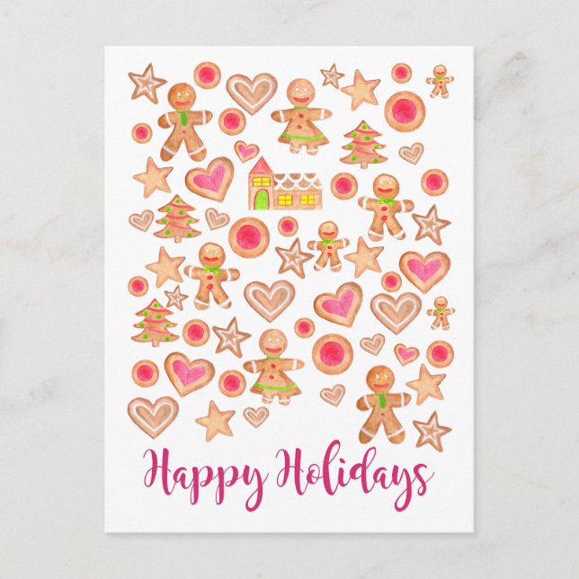 Carte Postale Happy Holidays watercolor gingerbread cookies (Devant)