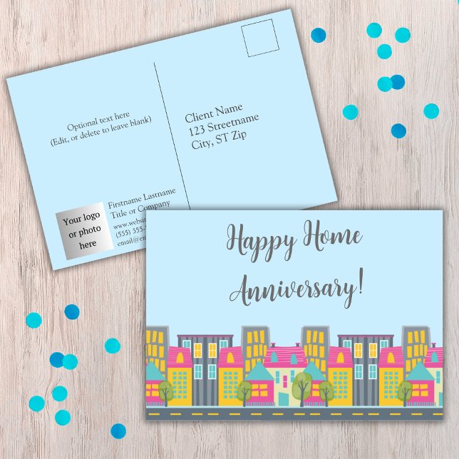 Carte postale Happy Home Anniversary Realtor avec  (Happy Home Anniversary postcards for realtors. Add your photo/logo, contact information, and text.)
